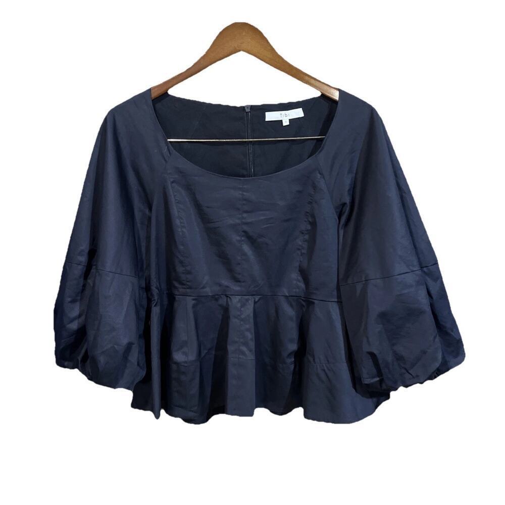 TIBI Puff-Sleeve Cropped Peasant Blouse Top Black Women’s Size 6 Preppy Classic